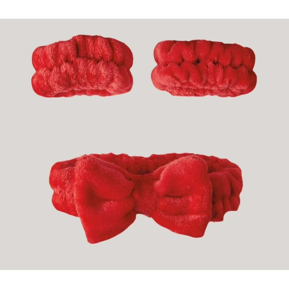 NWT - 3-Piece Red Plush Headwrap & Wristbands Spa Set (SKU #0403)